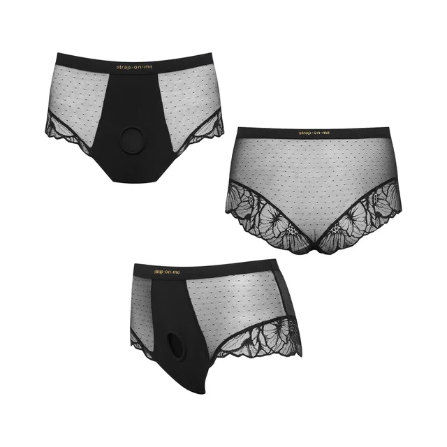 Strap-On-Me Divine black harness brief size S front, back and angled product views together