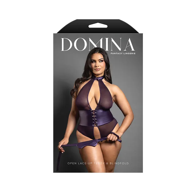 Domina package showing deep purple open halter teddy with blindfold in Queen size