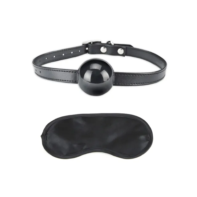 Lux Fetish Black Silicone Ball Gag black ball gag and eye mask laid flat