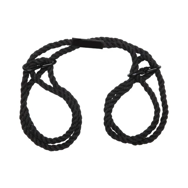 black Merci rope cuffs coiled into paired loops with central swivel clips