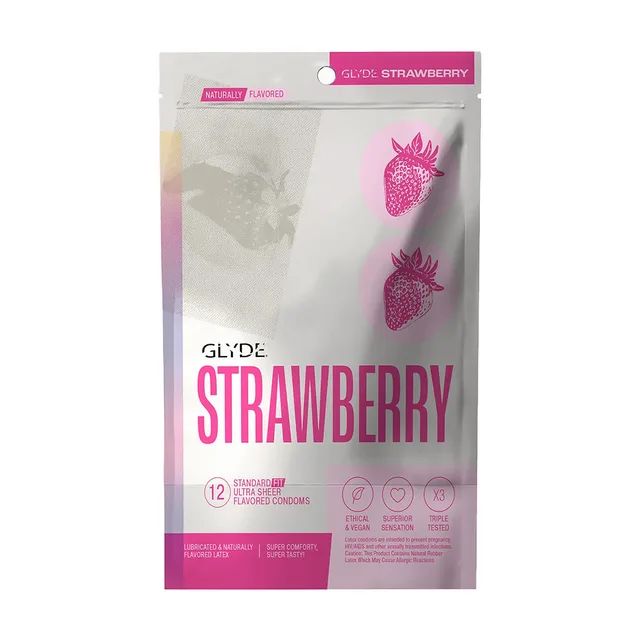 GLYDE strawberry flavored ultra-thin latex condoms 12-pack front of the white and pink resealable retail pouch