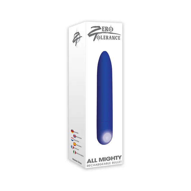 Zero Tolerance All Mighty blue rechargeable bullet white retail box with blue tapered bullet visible