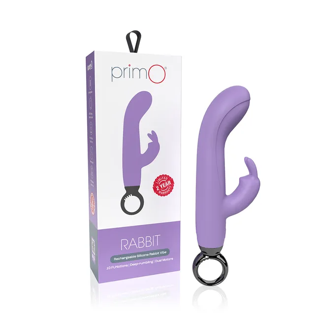 lilac Screaming O Primo Rabbit with black ring handle beside box