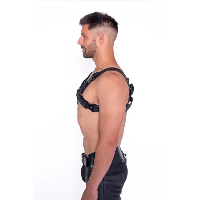 Model Left Side view of black Prowler RED Bull Harness with metal fittings in size XL