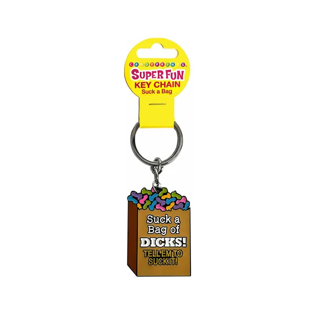 brown Bag of Dicks charm with multicolor graphics on silver keyring