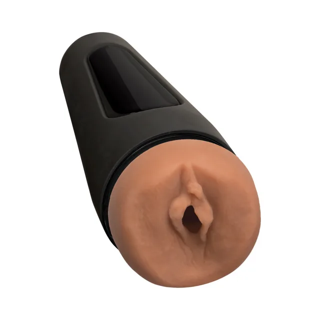 Doc Johnson Main Squeeze Original Caramel Masturbator angled front opening in black case