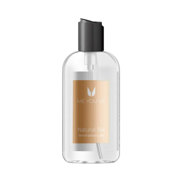 Me You Us Natural Slix 8.4 oz clear pump bottle with warm beige label