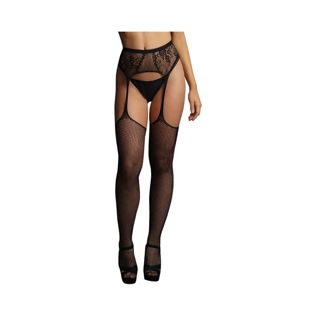Front view of black fishnet stockings with lace garter belt