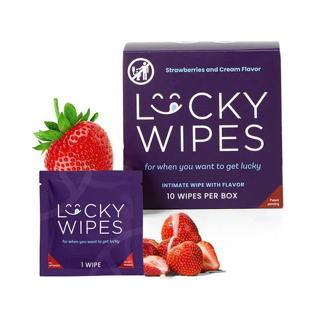 Strawberry Lucky Wipes box and single purple sachet with berries