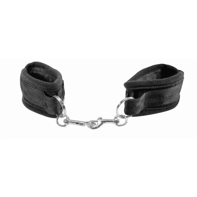 Black padded beginner handcuffs connected by short metal chain