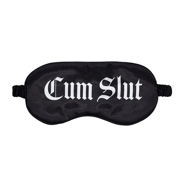 Black Ouch satin blindfold printed with white Cum Slut text