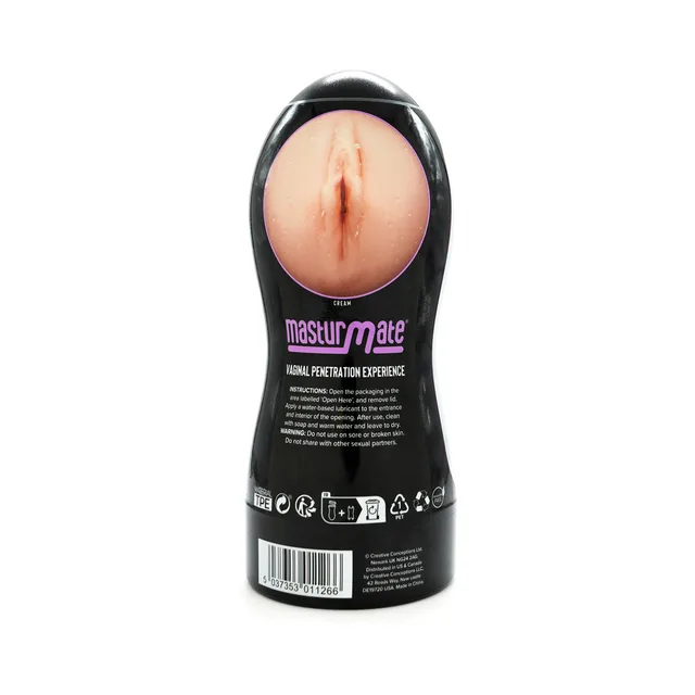Rear view of cream Masturmate vaginal masturbator showing molded opening