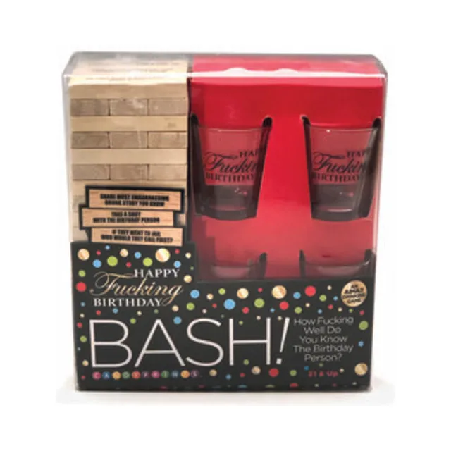 front view of red Birthday Bash box with blocks and four glasses