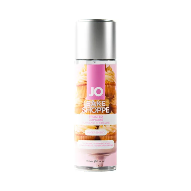 System JO frosted cupcake water-based lube 2 oz single pink label bottle on a white background
