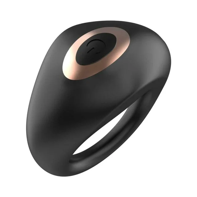 Adam & Eve Alan black remote vibrating ring front-left angle with rose-gold trim
