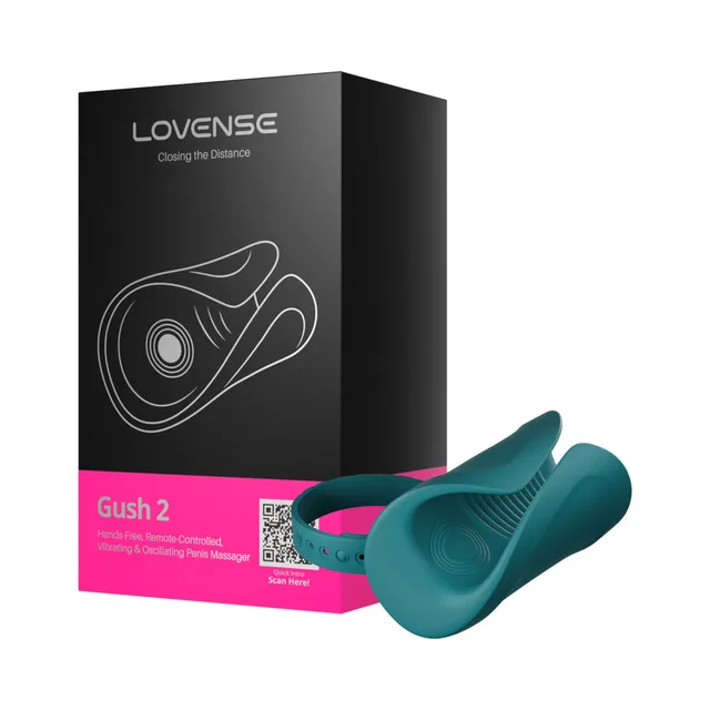 Teal Lovense Gush 2 wearable massager with band beside black box