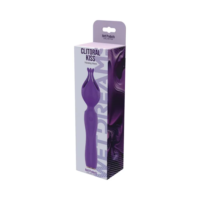 purple Wet Dreams Clitoral Kiss flower-bud wand in slim retail box