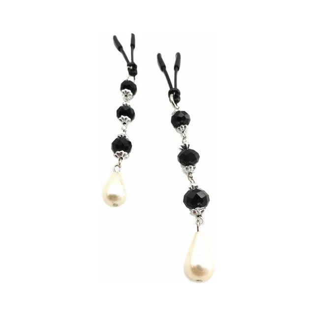 pair of black nipple clamps with faceted beads and large pearl teardrops