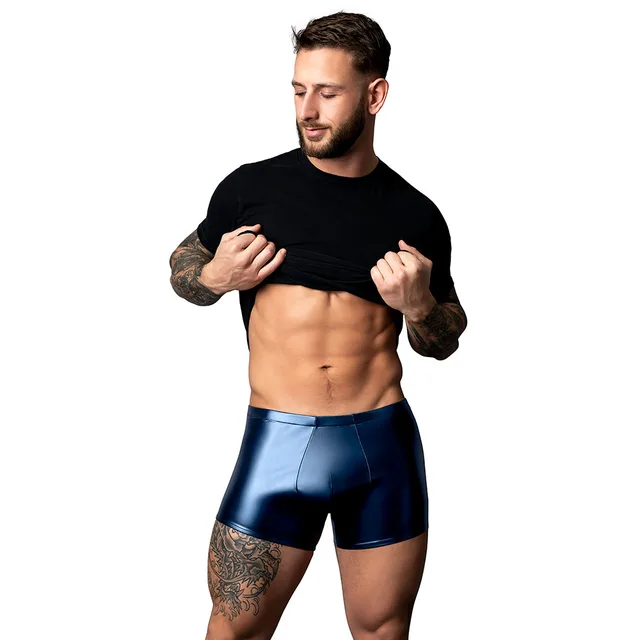 Male model wearing blue Liquid Onyx wet-look short size L