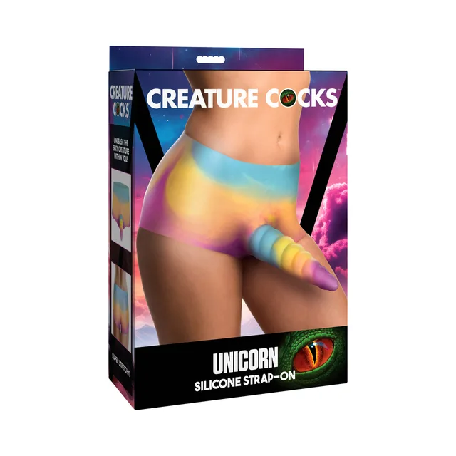 Creature Cocks Unicorn rainbow strap-on shorts in black box