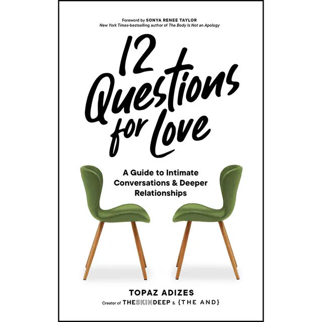 white 12 Questions for Love hardcover with two green chairs on the cover