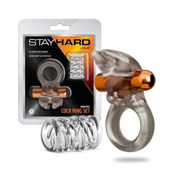 Blush Stay Hard vibrating ring set 4 with raised-arm ring, lattice sleeve and retail package