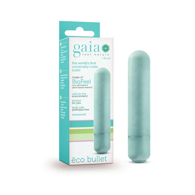 Blush Gaia Eco Bullet aqua vibrator beside matching Gaia Eco Bullet retail package