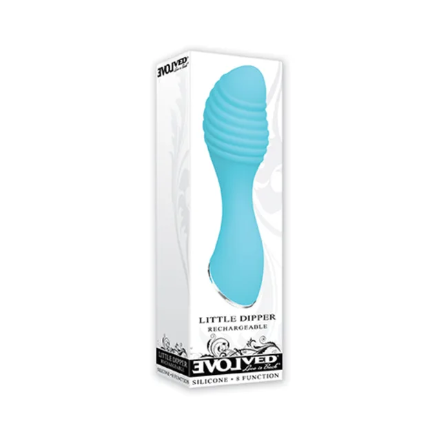 Evolved Little Dipper Blue Vibrator slim white retail carton with blue product image