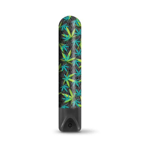 Front view of black Canna Queen bullet with cannabis leaf print