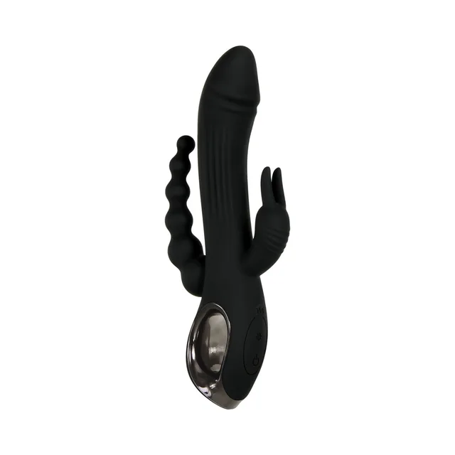 Front view of black Trifecta vibrator with three curved sections