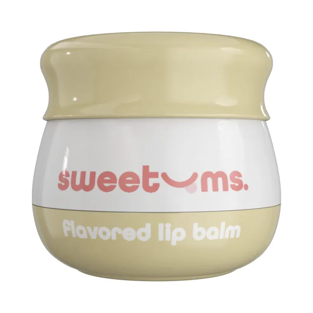 Front view of rounded Sweetums Vanilla Lip Balm jar with cream lid