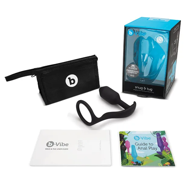 b-Vibe Snug and Tug black plug, cock ring, pouch and blue retail box