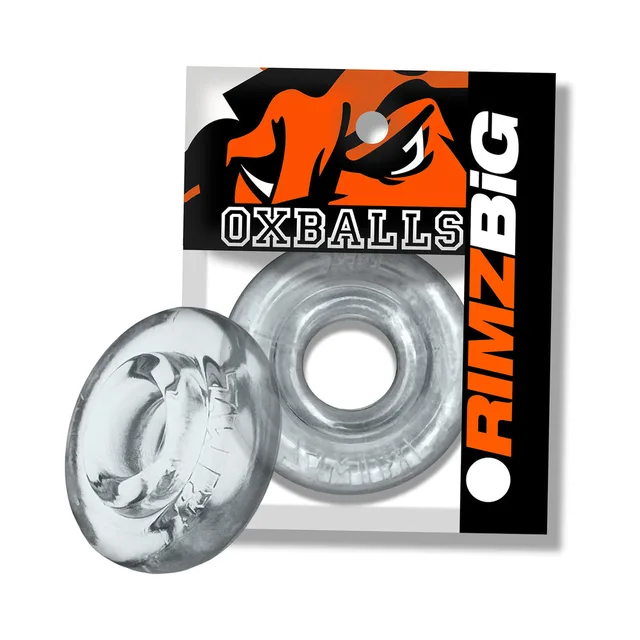 Clear Oxballs Rimz Big wide-profile ring in front of package