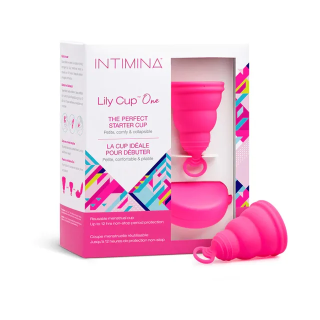 Bright pink INTIMINA Lily Cup One with loop stem beside color-block box