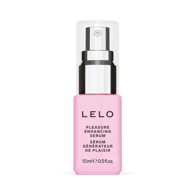 LELO Pleasure Enhancing Serum 0.5 oz front view of capped pink pump bottle