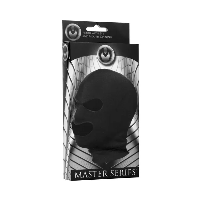 black Master Series Facade spandex hood with eye and mouth openings on box