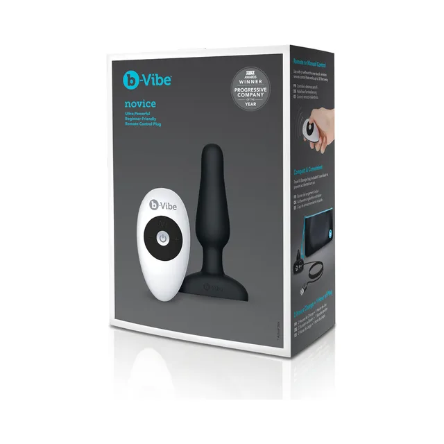 b-Vibe Novice Black Silicone Plug front black retail carton with white remote