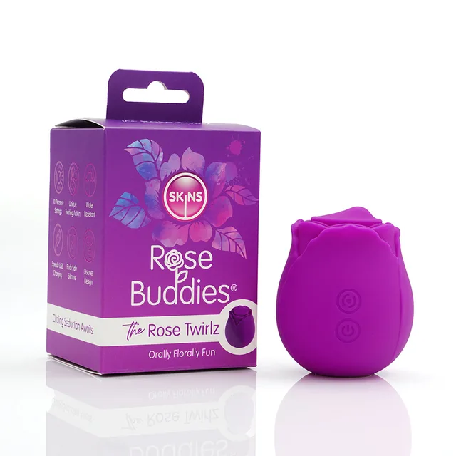 purple Rose Twirlz rose-shaped stimulator beside violet retail box
