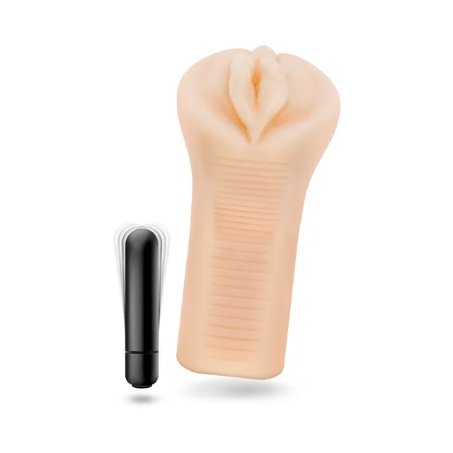 Blush EnLust Emma textured stroker front view beside the separate black bullet