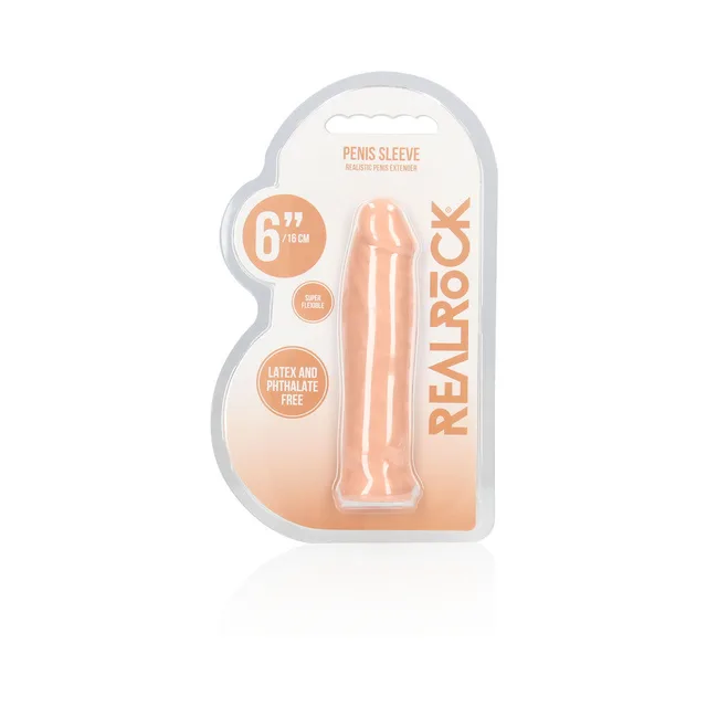 Front package of beige RealRock six-inch penis sleeve extender