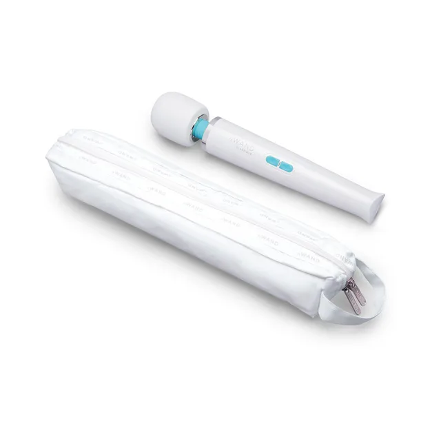 White Le Wand Classique Rechargeable beside white storage pouch
