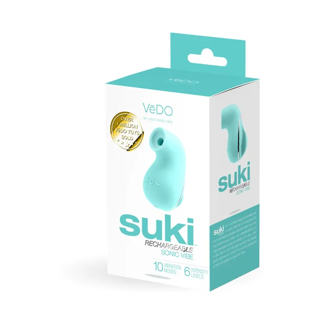 VeDO Suki turquoise suction vibrator pictured on retail box