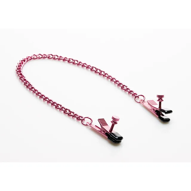 pair of black-tip gator nipple clamps joined by a pink metal chain