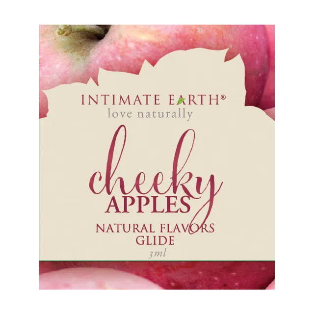 Intimate Earth Cheeky Apples 3 ml foil packet with apple imagery, cream panel and burgundy lettering