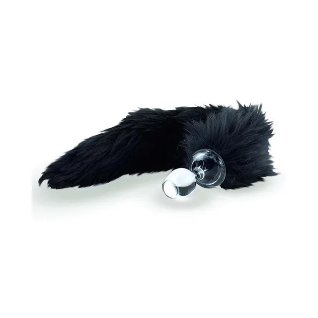 clear glass plug attached to long tapered black faux-fur tail