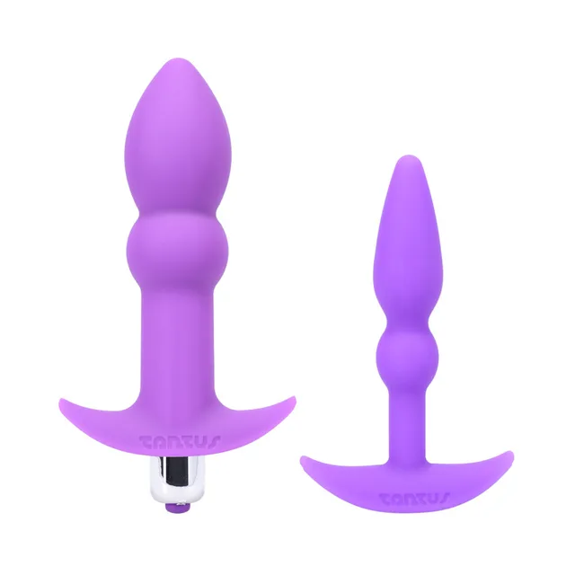 Two lilac Tantus Perfect plugs with graduated shapes and anchor bases