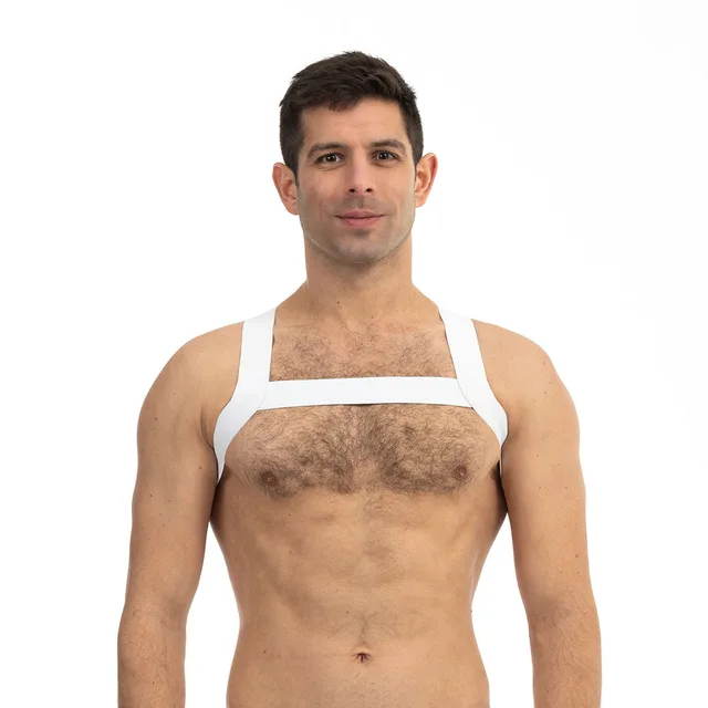 Front view of Prowler RED S/M white sports harness with chest band