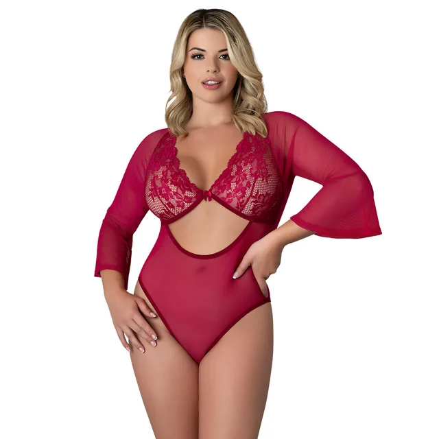 Alternate front view of Cherry Queen Size lace playsuit