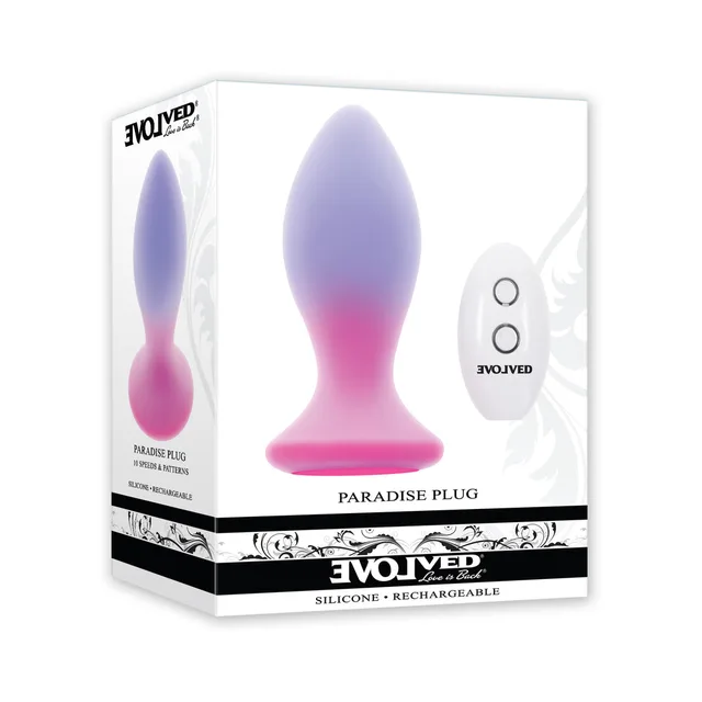 Evolved Paradise Plug pink and lavender remote anal vibrator with white oval remote in retail box