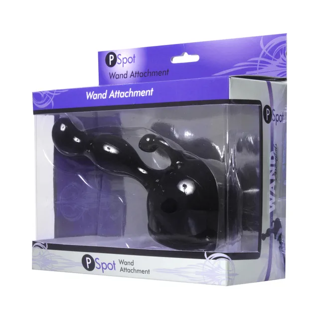 Black XR Brands P-Spot curved wand attachment in purple windowed packaging
